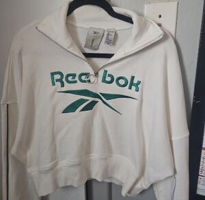 Reebok Cream and Green Logo Half-Zip Top
